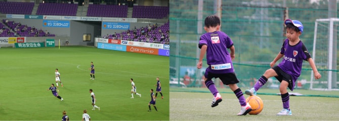京都サンガF.C.の選手たちと、サッカースクールで学ぶ子供たちの写真